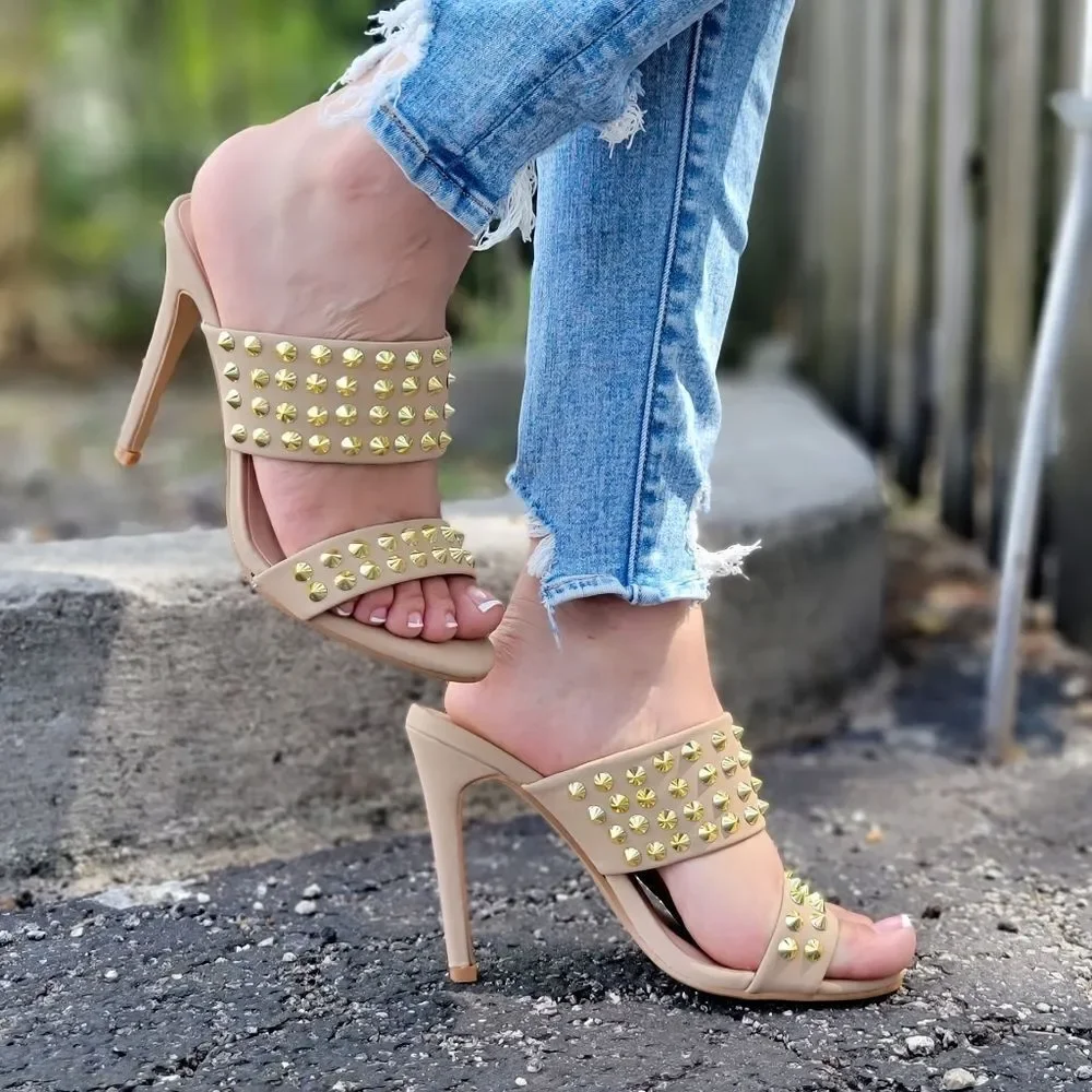 Taupe Stiletto Heel Sandals Double Band Gold Studs Pull-On Shoes - Picture 2 of 5